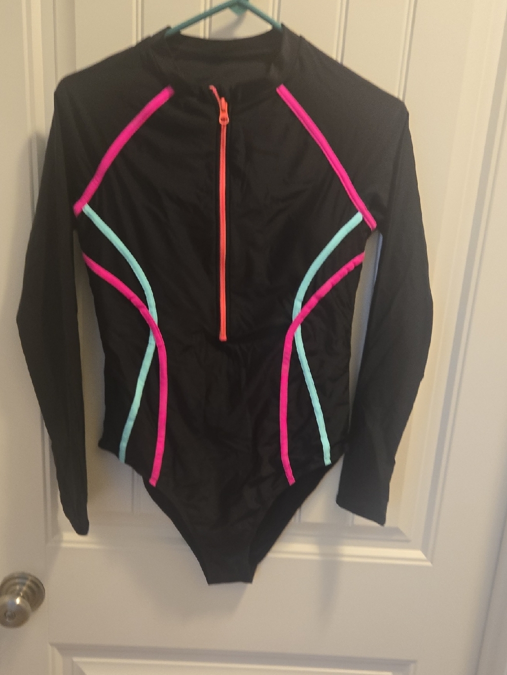 Black Long-Sleeve One-Piece Swimsuit with Neon Pink & Aqua Trim